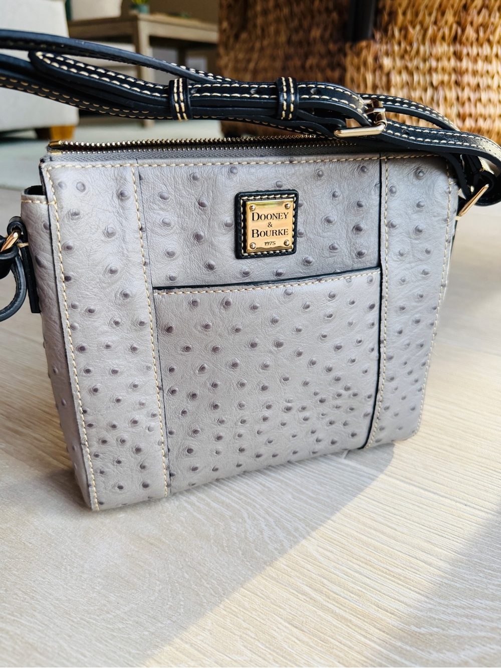 Dooney & Bourke Gray Ostrich-Embossed Crossbody with Black Strap
